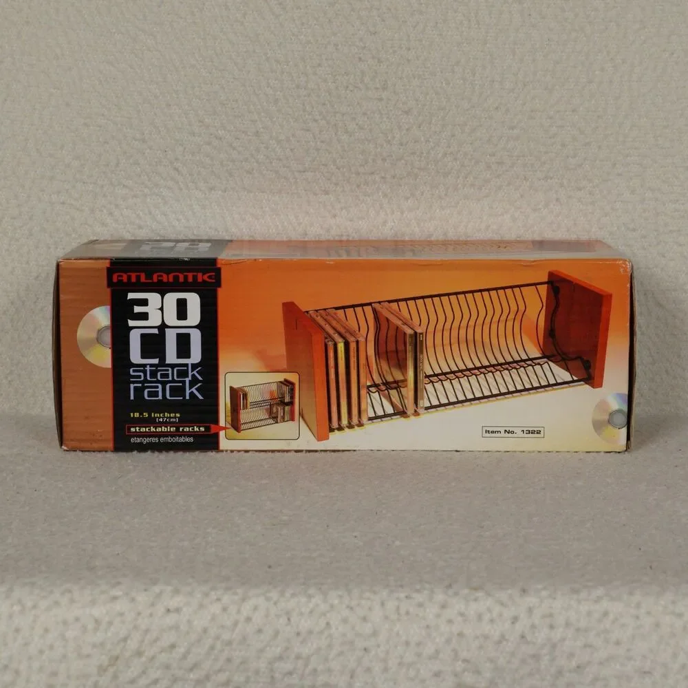 Atlantic 30 CD Stack Rack Model 1322 Black Wire Shelves Wood End Panels VTG